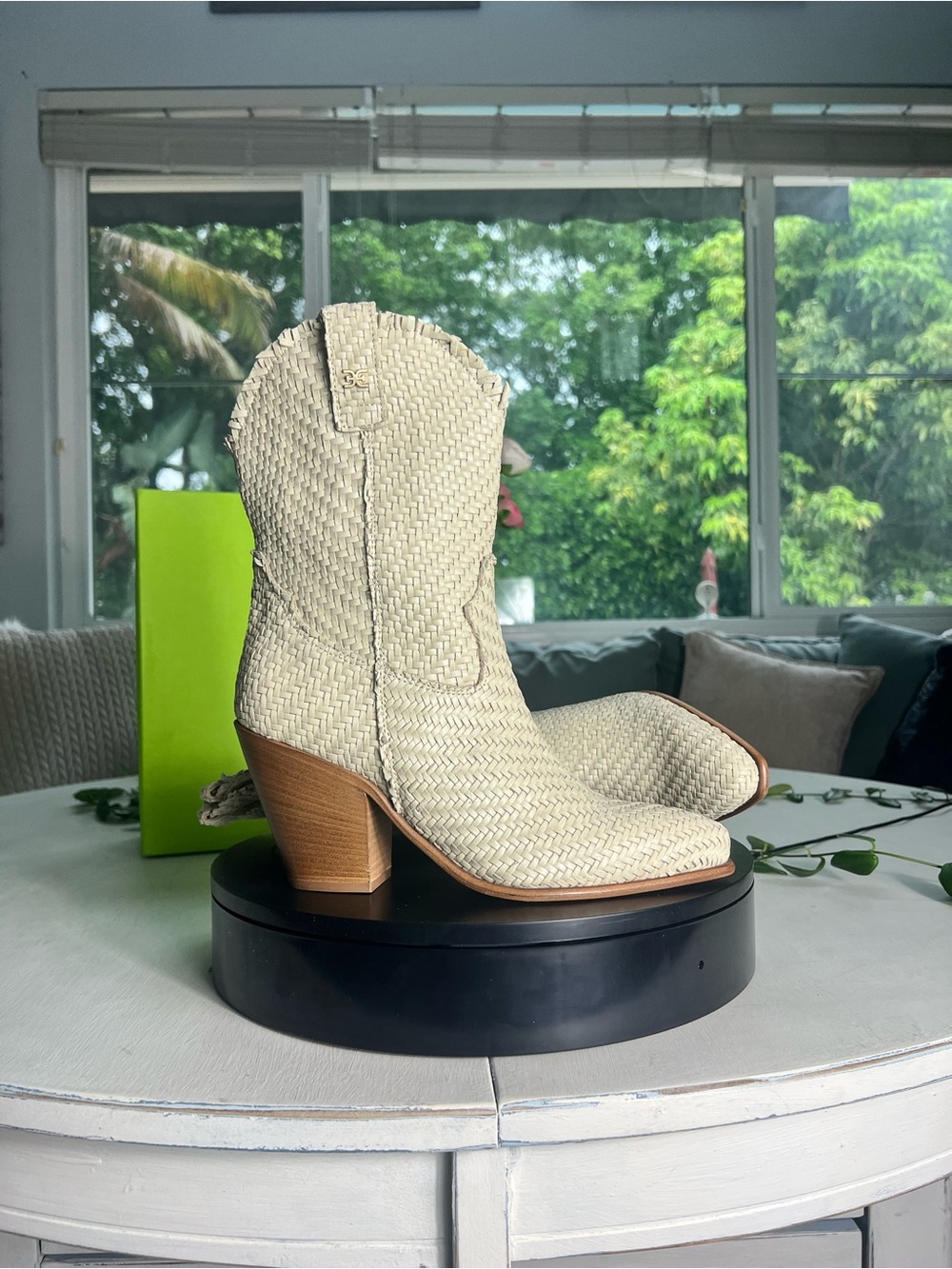 Sam Edelman Cream Woven Western Block-Heel Ankle Boots